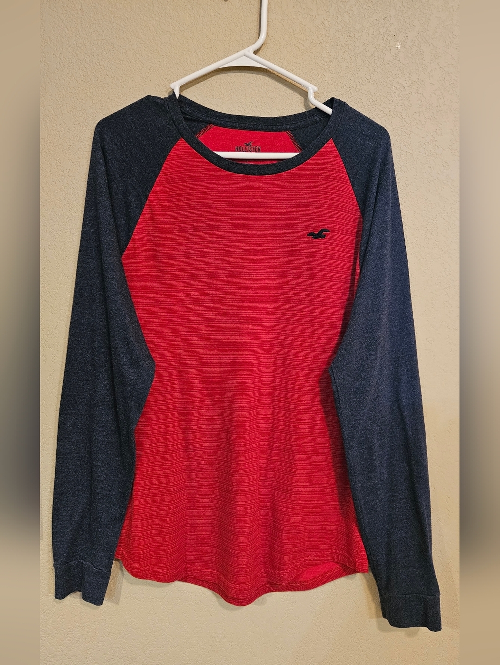 Hollister Red Shirt with Navy Raglan Long Sleeves Baseball Style